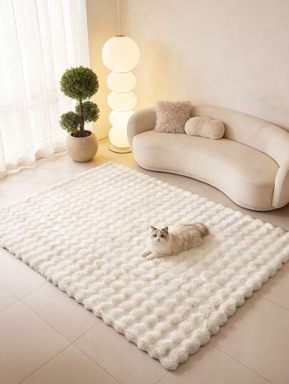 1 件奶油色蓬松圆形绒毛地毯，ins 风轻盈法式绒球质感长毛地毯，装饰性房间地毯，纯色家居装饰，适合节日聚会、情人节、春节、客厅、卧室、书房、走廊等场合，隔音效果好，易于打理，四季皆宜