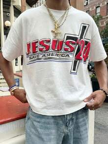 男士街头风图案T恤，宽松复古“耶稣”印花T恤，仿棉复古上衣，嘻哈美学夏季服装 - 彩色 - 查看 3