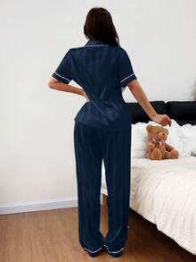 2pcs Striped Subtle Textured Satin Short-Sleeve And Pants Pajama Set - Spring/Summer Comfortable Casual Loungewear Set - Màu xanh lam - Xem 3