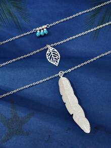 1pc New Bohemian Style Turquoise Leaf & Feather Pendant Multilayer Necklace, Suitable For Summer Holiday Wear - Silver - View 4