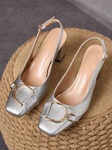 Elegant Silver Snake Skin Thick Heel Sandals, Metal Buckle Open Back Design, Slimming Effect, Versatile For Banquet And Date, High Heels - Silver - View 5