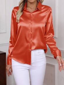 2026新款优雅纯色长袖衬衫，经典职业装女式衬衫，春季款 - 亮橙色 - 查看 1