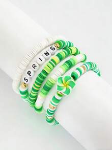 5pcs St. Patrick's Day Bracelet Set, Fresh Green Flower & Letter Polymer Clay Bracelet Set - Multicolor - View 2