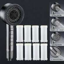 1个手持式增压钢琴键花洒，配8个过滤棉，高压喷淋，安装简便，无需用电，适用于家庭、浴室、酒店 - 灰色-1pc - 查看 3