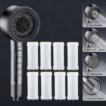 1个手持式增压钢琴键花洒，配8个过滤棉，高压喷淋，安装简便，无需用电，适用于家庭、浴室、酒店
