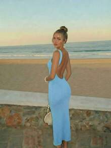 Vacation Women's Backless Sexy Elegant Sleeveless Knitted Sweater Dress Spring - Baby Blue - View 10