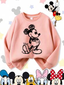 Disney Vintage Sketch Style Mickey Mouse Classic Standing Pose Comfortable Print Young Girls' Long Sleeve Sweatshirt, Suitable For Autumn/Winter, Lightweight And Cozy, Great For Layering In Fall, Fashionable Casual Wear, Graphic Design, Back To School Season, Autumn, Back To School Party, Suitable For Outdoor Picnic, Street Photography, Home, Campus, Holidays, New Year Gift - Pink - View 2
