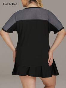 Plus Size Women's Mesh Patchwork Short Sleeve Sports T-Shirt, Contrast Trim Curved Hem, Loose Breathable Summer Fitness Yoga Top - Multicolor - View 2