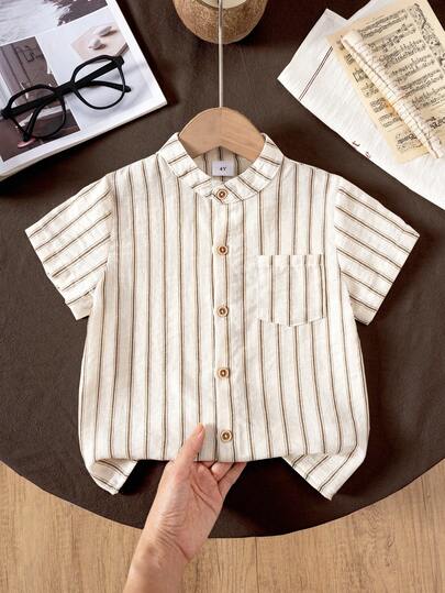 Young BoyFashionable Casual Striped Collar Pocket Short Sleeve Shirt, Comfortable & Versatile For Daily Wear, Vacation, School, Commute, Holiday Gatherings