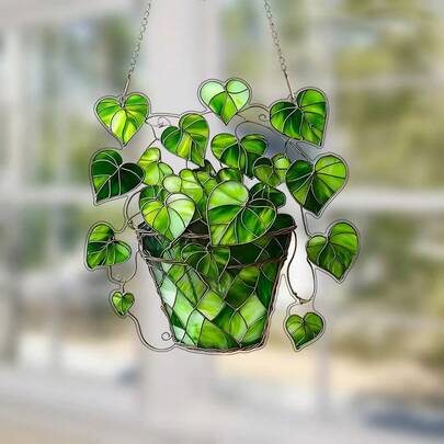 2D Acrylic Hanging Potted Plant Suncatcher, Heart Leaf Vine Window Decor, Stained Glass Style Wall Art, Home Garden Balcony Ornament, Aesthetic Light Catcher Pendant