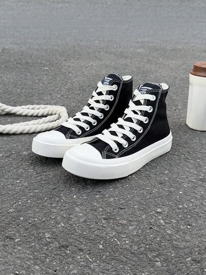 Black Canvas Shoes, Women's Shoes, Sneakers, Men's Shoes, Canvas Shoes, Spring/Autumn Style, Korean Version, Minimalist Fashion Casual Lace-Up Athletic Shoes, Classic High-Top Canvas Shoes, Versatile Casual Sports Skateboard Shoes