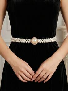 Women's Rhinestone Pearl Waist Chain Flower Buckle Belt Elegant Dress Decoration For Wedding And Party - E - 查看 5