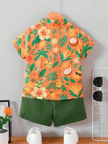 2 Stück/Set Baby Jungen Lässig Tropical Muster Kurzarm Hemd und Shorts Set, geeignet für Outdoor, Urlaub, Sport im Sommer - Grün - Übersicht 2