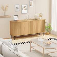 clóset Buffet de 60 Pulgadas con Puertas estriadas, Moderno clóset de Almacenamiento de Madera con Estante Ajustable, Barra de café no Empotrado para Comedor y Sala de Estar - color de madera natural - Ver 4