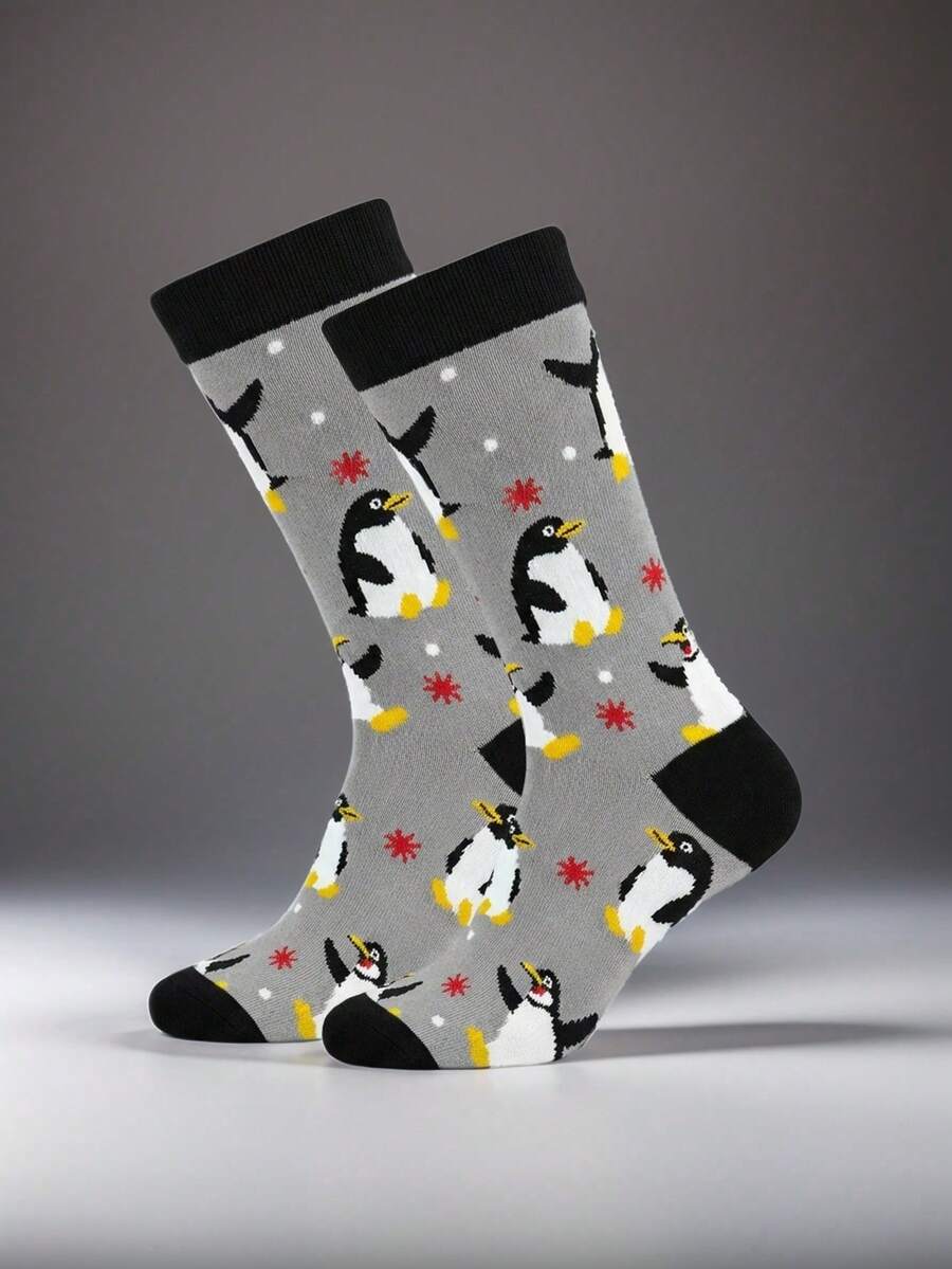 1 Pair Penguin Snowscape Pattern Men's Mid-Calf Socks, Spring/Summer - Grey - View 1