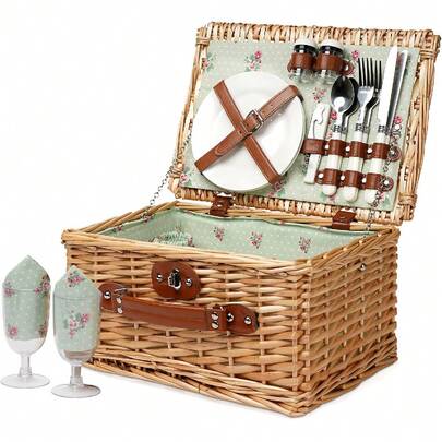 [Envíos locales] Cesta de picnic de mimbre durable para 2 personas, sauce con accesorios, platos y utensilios, regalo perfecto de boda, aniversario y cumpleaños, diseño floral