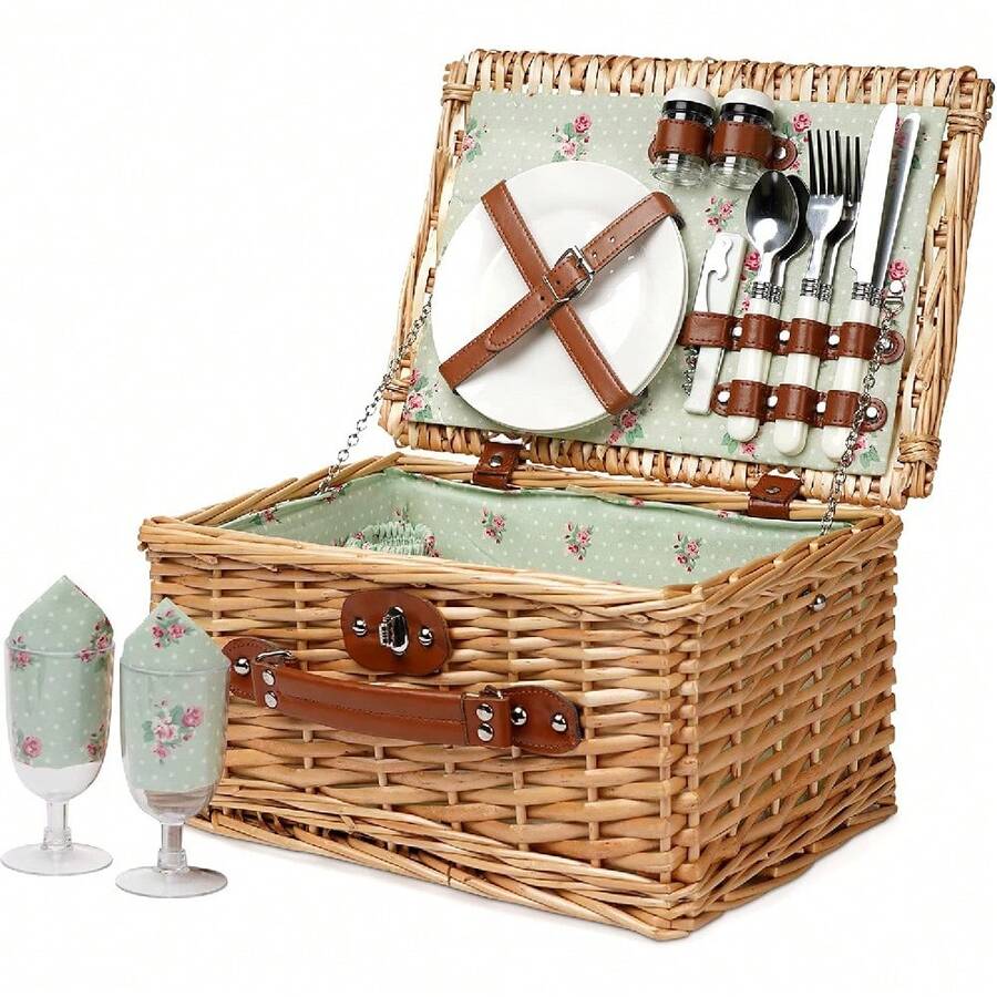 [Envíos locales] Cesta de picnic de mimbre durable para 2 personas, sauce con accesorios, platos y utensilios, regalo perfecto de boda, aniversario y cumpleaños, diseño floral - 1 - Ver 1
