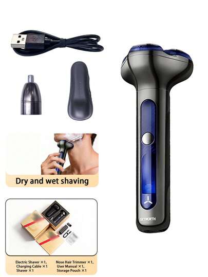 SKYWORTH Electric Shaver And Nose Hair Trimmer 2-In-1, 500mAh Large Capacity Battery, IPX7 Waterproof Rating, Suitable For Both Wet And Dry Use, Fully Washable, 3 Blades Made Of Stainless Steel, Instant Start With One Touch, Titanium Gray Premium Color, Suitable For Use In The Shower, Reduces Irritation To The Skin