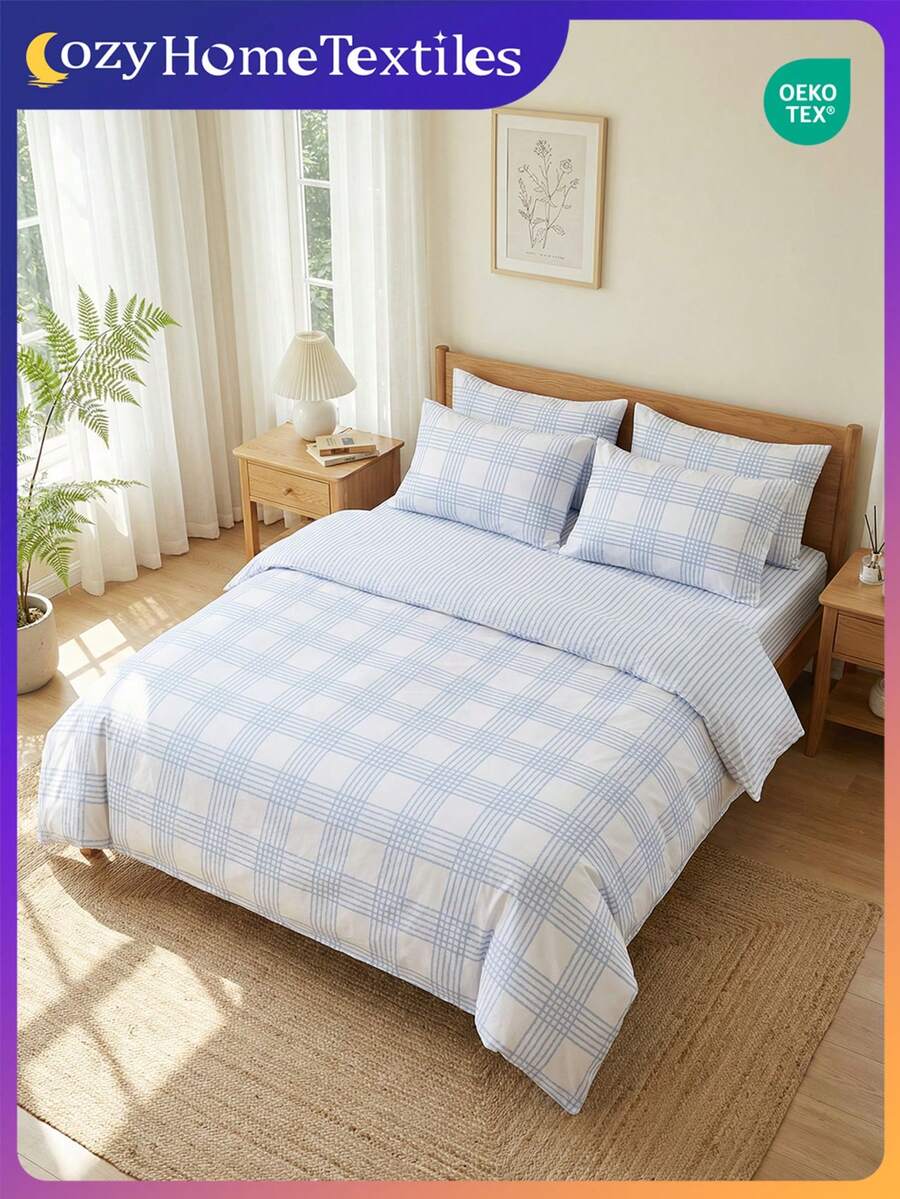 2/3 piezas Juego de Ropa de Cama con Estampado Numérico (1 Funda Nórdica + 1/2 Fundas de Almohada, Sin Relleno), Estampado a Cuadros Azul Claro, Juego de Ropa de Cama Transpirable y Cómodo, Suave y Antipelusas, Apto para Cama Doble/Matrimonial/Queen/King, Todo el Año, Múltiples Tamaños Disponibles, Lavable a Máquina, Decorativo para Dormitorio