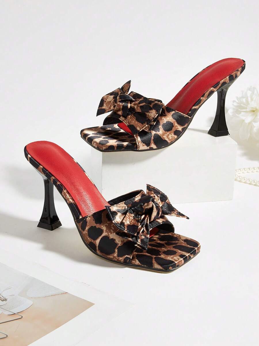 Handmade Leopard Print Butterfly Knot Decor Stiletto High Heel Sandals For Women, Versatile, Fashionable, Daily Wear. Assorted Leopard Print Colors And Patterns, Butterfly Knot Directions And Patterns Are Random - Multicolor - View 1