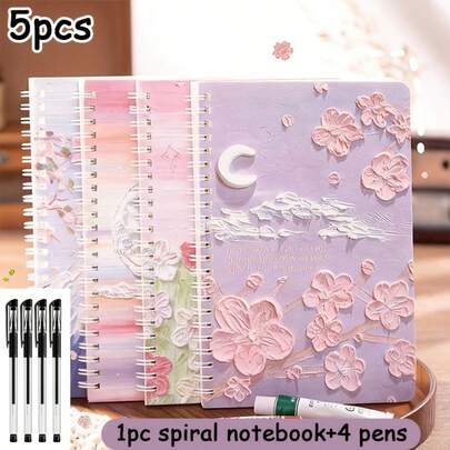 5pcs Set, Including 1 Spiral Bound Notebook + 4 Pens - Landscape Oil Painting Style Loose-Leaf Notebook, A5 Size, 60 Pages, Detachable Spiral Binding, Suitable For School, Office, Diary Or Holiday Gifts
