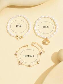 3pcs/Set Summer Beach Vacation Faux Pearl Starfish Beaded Bracelet, Fashionable Gold Alloy Shell Pendant, Beach Pebble Handmade Chain Bracelet For Women, Suitable For Daily Wear, Beach Travel, Dating, Photography - Gold - View 4