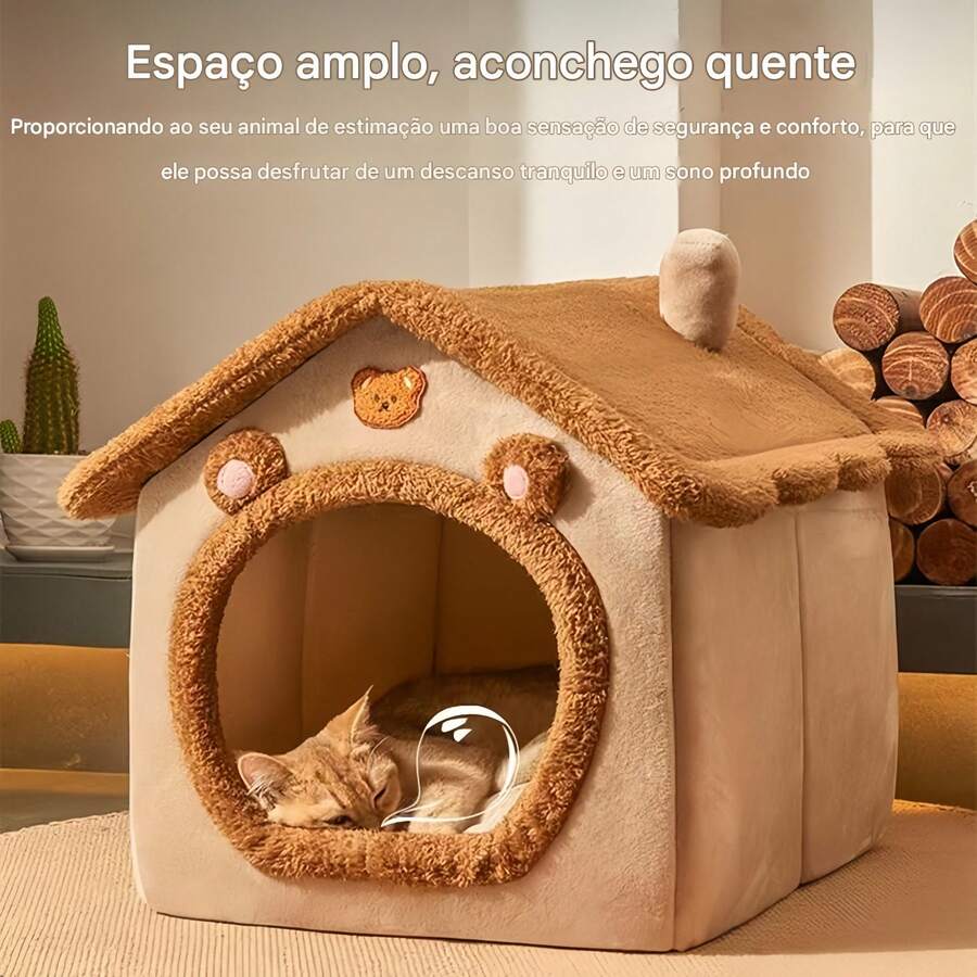 Cozy Indoor Cat Bed, Cat House/Tent With Removable Cushion, Soft And Warm Pet Bed, Fluffy Bear Nest For Cats, Kittens And Small Dogs (Brown) - S - 查看 1
