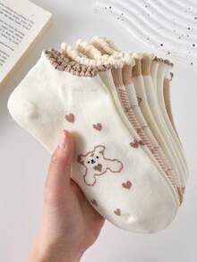 5双白色和卡其色可爱小熊爱心图案女士短袜，舒适蕾丝边，适合春夏穿着，适合运动休闲。 - 白色 - 查看 2