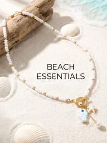 1pc Ceramic Fish & Starfish Tassel Pearl Beaded OT Clasp Necklace - White - View 4