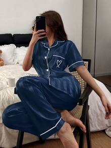 2pcs Striped Subtle Textured Satin Short-Sleeve And Pants Pajama Set - Spring/Summer Comfortable Casual Loungewear Set - Màu xanh lam - Xem 5