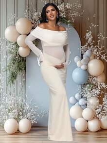 JustVH Vestido de maternidad con bloques de color y malla, con bajo acampanado y drapeado, adecuado para baby shower, vestido elástico y elegante para sesión de fotos - Beis - Ver 4