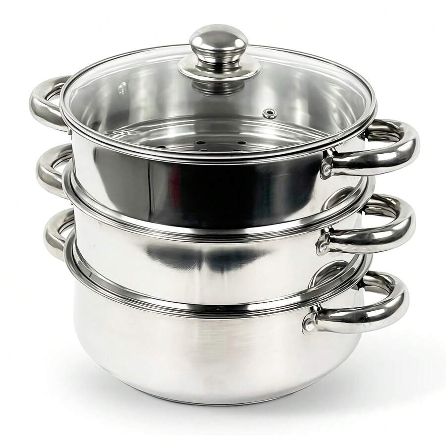 3 Tier Stainless Steel Steamer Cooker Pot Set Pan Cook Food Glass Lids 28cm - Silver - View 1