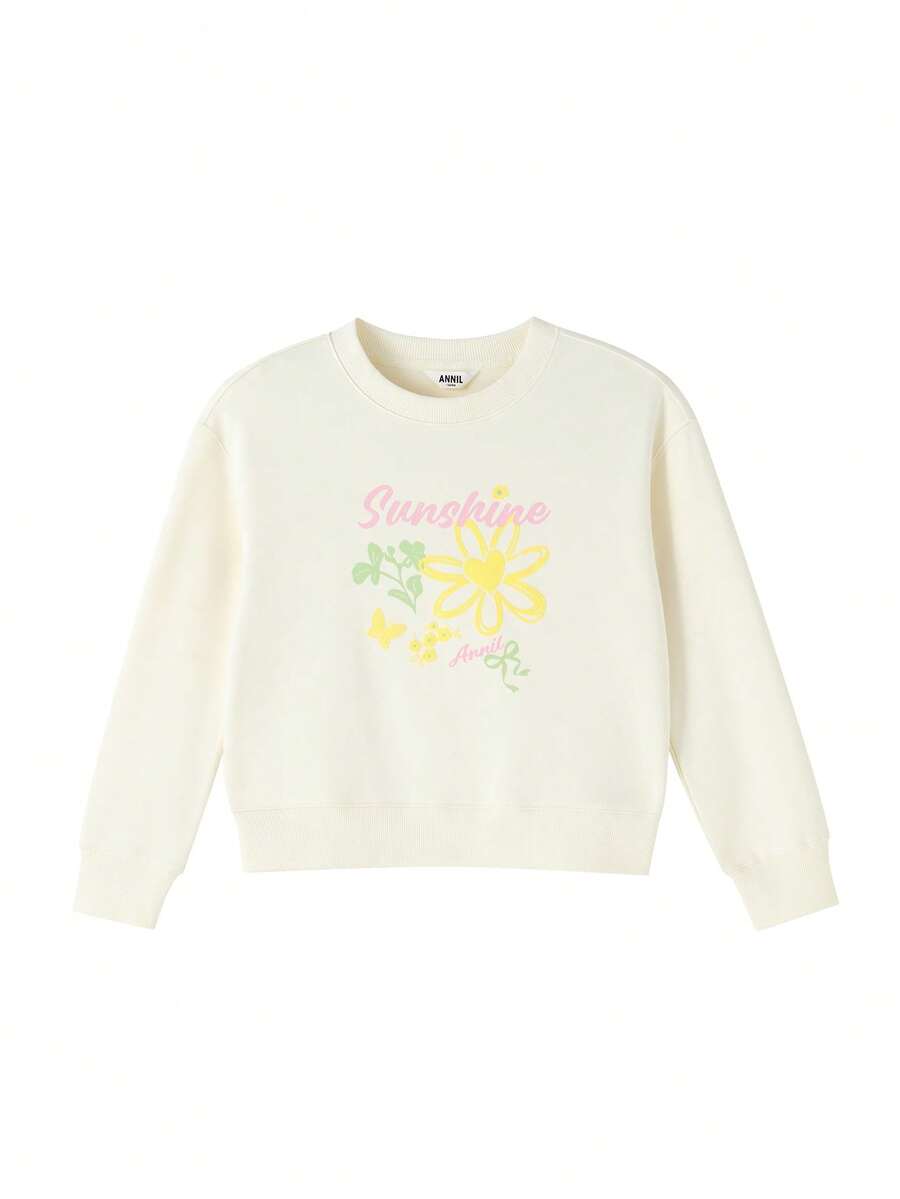 Annil 女童圆领长袖短款卫衣，春季新款，可爱甜美印花，弹性宽松版型 - 梔子白 - 查看 1