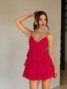 Women's Solid Color Chiffon Lining Multi-Layer Splicing Sexy Elegant Vacation Valentine's Day Date Fashion Dress Summer Red - Red - View 5