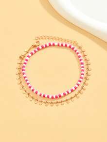 2pcs Fashionable, Sexy & Elegant Beaded Chain Anklets With Tassel Pendants, Suitable For Beach, Casual, Party, Music Festival Outfits (Colorful Beads Randomly Arranged, Handmade Chain Length, Random Number Of Round Pendants) - Hot Pink - View 3