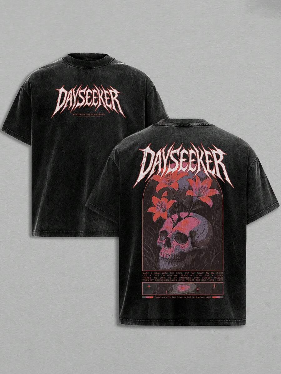 Dayseeker Creature Metal Skull Tee Washed- Vintage Acid Wash Heavy Cotton Unisex Rock Band T-Shirt, Retro Metalcore Street Wear Top,Heavy Music Graphic Tee Y2K Concert Merch For Fans . - 黑色 - 查看 1