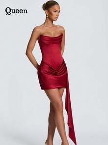 2026 Metallic Wrap-Around Plunging Dress With A Fitted Bodice And Pleated Waist - A Stylish And Elegant Short Dress With A Pure Color That Flatters The Figure. Perfect For Both Casual Gatherings And Formal Events, It Is A Versatile Women's Garment. - 紅色 - 查看 2