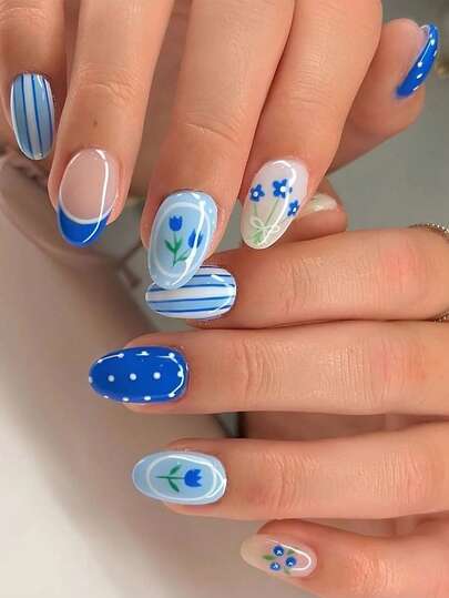 Spring/Summer Nails, 24 Pieces/Set Oval-Shaped Spring/Summer Polka Dot, Stripe, And Floral Designs Press-On Short Nails Suitable For Sassy Girls, Office Ladies, Parties, Dates, Everyday Wear, And Special Occasions