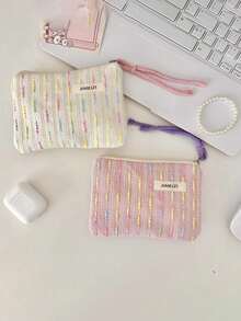 1个可爱条纹帆布拉链化妆包，女士旅行收纳包，铅笔盒，大容量化妆刷收纳包，旅行洗漱包，印花化妆包，化妆品旅行收纳包，带拉链的礼品配件 - 彩色 - 查看 5