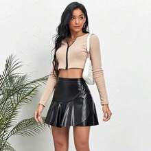 Women's High Waist Black PU Leather Mini Skirt Asymmetrical Ruffle Hem Bodycon Skirt High Stretchy PU Leather Skort Built-In Liner Spring Summer Music Festival Party Outfits - Black - View 3