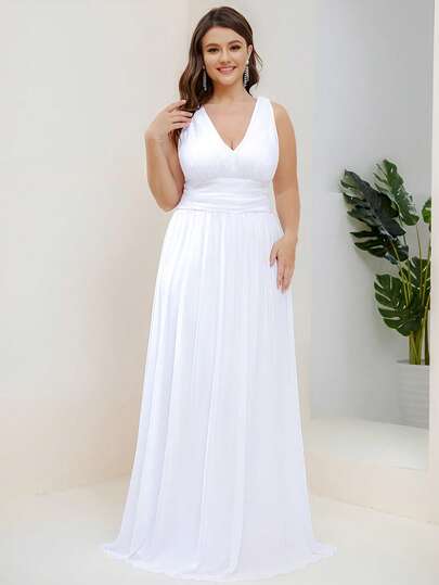 Romantic V-Neck High Waist Sleeveless Dress, Suitable For Bridal Shower, Wedding, Summer Bride Dress