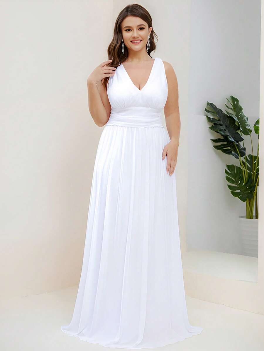 Romantic V-Neck High Waist Sleeveless Dress, Suitable For Bridal Shower, Wedding, Summer Bride Dress - White - View 1