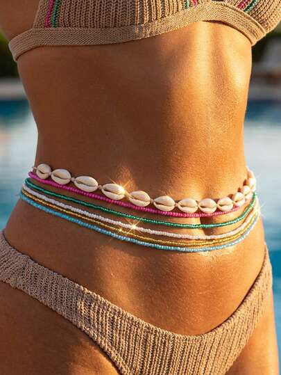 6件套彩色波西米亚风多巴胺夏季沙滩贝壳撞色串珠弹力腰链套装，适合派对、度假、送礼、日常佩戴
