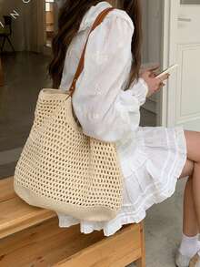 2026 New Arrival Women's Bag, Woven Beach Bag, Versatile Shoulder Bag For Beach Vacation Or Commuting School Tote Bag, School Bookbag, Portable, Foldable, Business Casual, Suitable For Teen Girls Women, Vacation Essentials, Perfect For Summer, Vacation & Beach, Newest Holiday Bag, Hottest Beach Bags ,Vacation Essentials - 杏色 - 查看 4