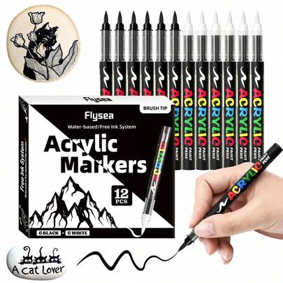 1pc 8pcs/12pcs Set All White/All Black Or 6 White 6 Black Soft Brush Tips, 0.5-5mm Adjustable Width, Water-Based Quick Drying, Suitable For Stone, Wood, Metal, Glass, Canvas Painting, Handmade Graffiti