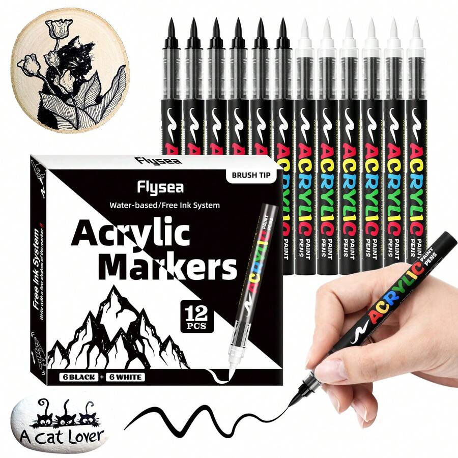 1pc 8pcs/12pcs Set All White/All Black Or 6 White 6 Black Soft Brush Tips, 0.5-5mm Adjustable Width, Water-Based Quick Drying, Suitable For Stone, Wood, Metal, Glass, Canvas Painting, Handmade Graffiti - Black and White Markers - View 1