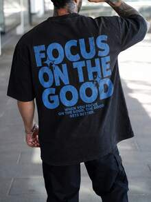 男士积极标语闪光图案T恤，休闲街头风励志印花T恤，黑色 - 黑色 - 查看 1