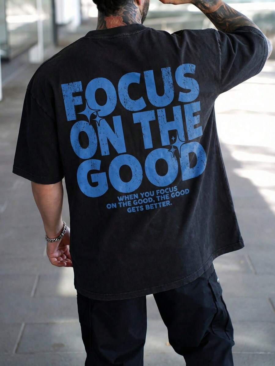 男士积极标语闪光图案T恤，休闲街头风励志印花T恤，黑色 - 黑色 - 查看 1