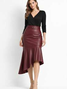 Sophisticated Midi Skirt With Asymmetrical Cutout. Does Not Include An Elegant Belt. Features An Asymmetrical Ruffled Hem. Zipper Closure. Suitable For Formal And Evening Wear. - Granate - Ver 3