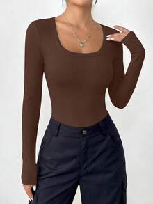 Women Spring And Fall Long Sleeve Shirts Clothes Cute Going Out Tops Ribbed Tight Fitted Plain Basic Tee Tshirts Vacation Outfits For Women - Nâu sẫm - Xem 5